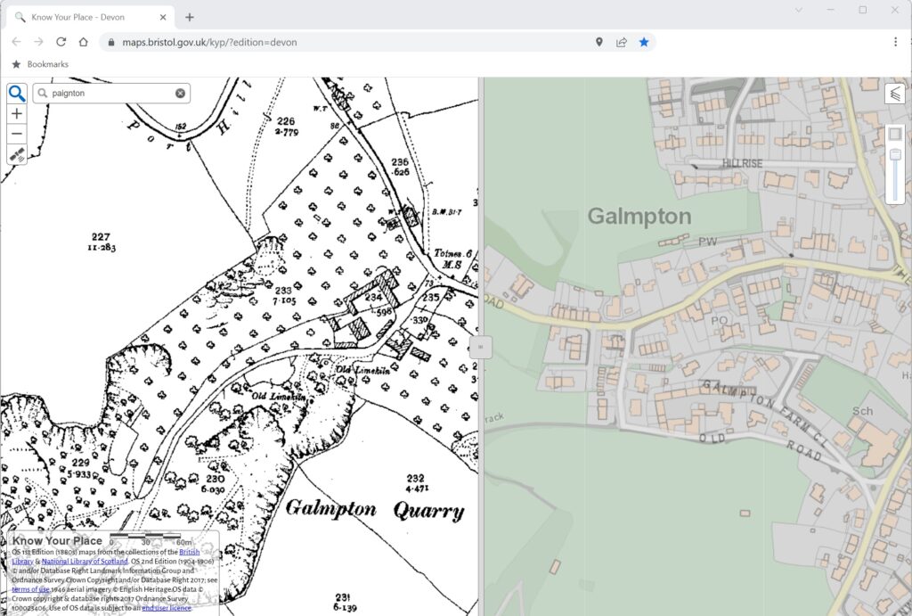 A screen shot of Know Your Place Devon online mapping system